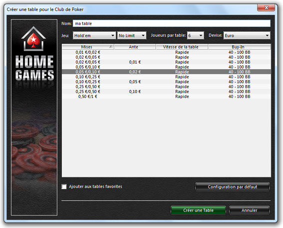 créer table home games pokerstars